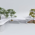 Modern Curved Pergola Design with White Structure Trees and Wooden Floor in Landscape