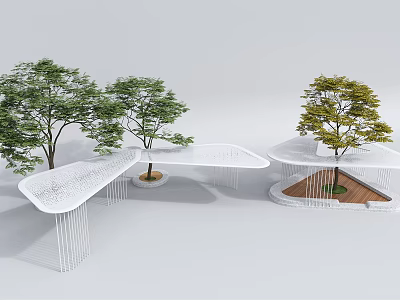 Modern Curved Pergola Design with White Structure Trees and Wooden Floor in Landscape 3d model