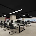 Modern Public Office Space With Desks Computers Chairs Black Ceiling And Linear Lights 3d model