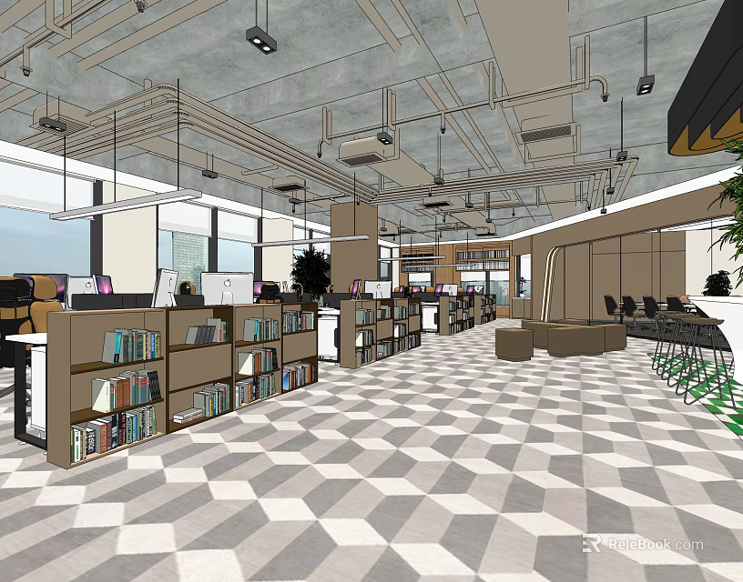 Modern Public Office Space With Bookshelves Geometric Floor Large Windows And Green Plants 3d model 