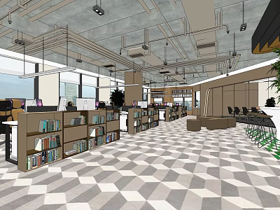 Modern Public Office Space With Bookshelves Geometric Floor Large Windows And Green Plants 3d model