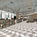 Modern Public Office Space With Bookshelves Geometric Floor Large Windows And Green Plants