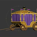 Elegant Yellow Carriage With Purple Curtains Flags Top Decoration And Wooden Poles