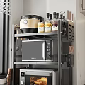Modern Kitchen Storage Shelf With Microwave Utensils Spice Bottles And Rice Cooker