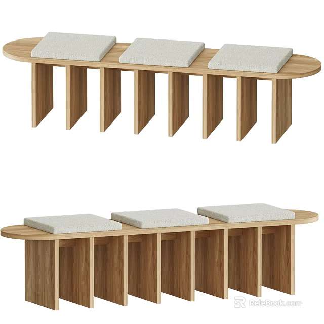 Wooden Stools In Long Design With Cushioned Seats And Multiple Legs 3d model 