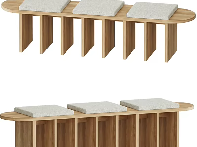 Wooden Stools In Long Design With Cushioned Seats And Multiple Legs 3d model