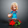 Chibi Girl In Blue Dress With White Hood Holding Basket And Red Poinsettias With Green Leaves