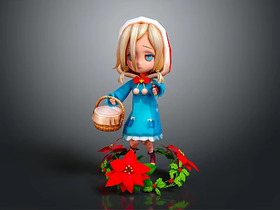 Chibi Girl In Blue Dress With White Hood Holding Basket And Red Poinsettias With Green Leaves 3d model