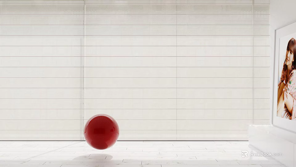 White Venetian Blinds with a red ball in front in a bright white interior space 3d model 