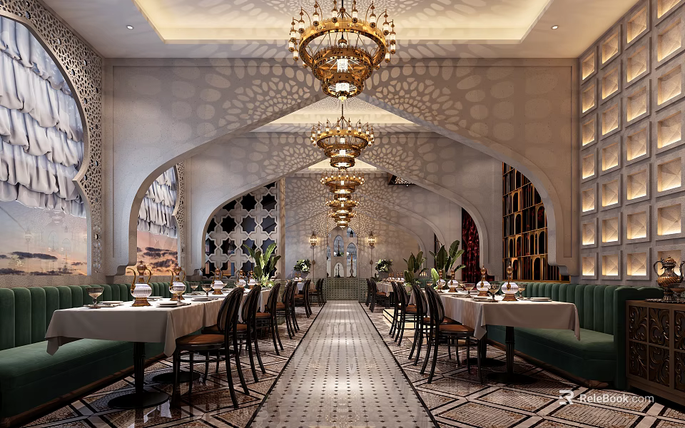 Elegant Middle Eastern Style Restaurant Interior With Ornate Chandeliers Arched Walls And Green Sofa Seats 3d model 