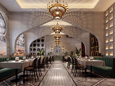Elegant Middle Eastern Style Restaurant Interior With Ornate Chandeliers Arched Walls And Green Sofa Seats 3d model