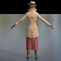 Female Game Movie Character in Beige Trench Coat Hat Red Skirt Black Gloves Brown Boots