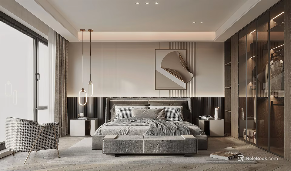 Modern Bedroom Interior Design With King Bed Upholstered Headboard Nightstands Pendant Lights And Decorative Art 3d model 
