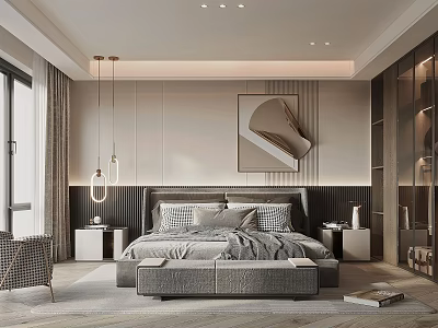 Modern Bedroom Interior Design With King Bed Upholstered Headboard Nightstands Pendant Lights And Decorative Art 3d model