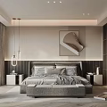 Modern Bedroom Interior Design With King Bed Upholstered Headboard Nightstands Pendant Lights And Decorative Art
