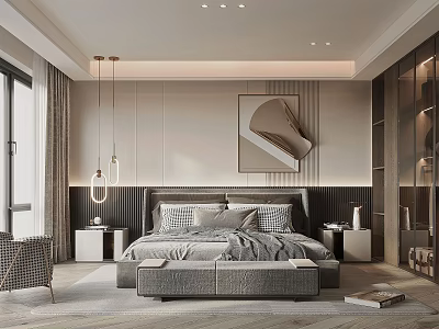 Modern Bedroom Interior Design With King Bed Upholstered Headboard Nightstands Pendant Lights And Decorative Art 3d model