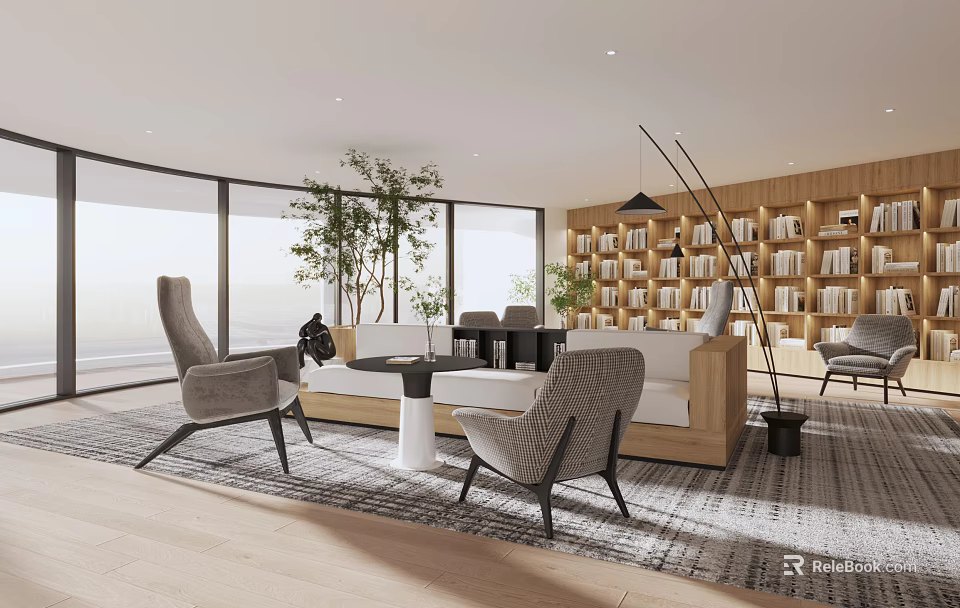 Modern Book Art Living Room Design Featuring Wooden Bookshelves Large Windows And Plants 3d model 
