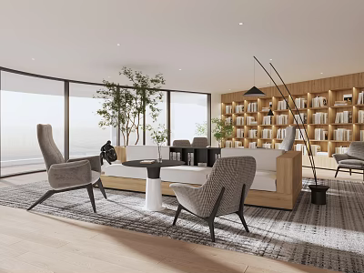 Modern Book Art Living Room Design Featuring Wooden Bookshelves Large Windows And Plants 3d model