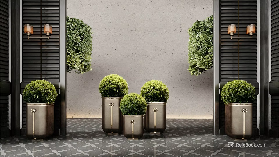 Lush Round Green Plant Combination In Metallic Planters With Gray Wall And Grid Doors 3d model 