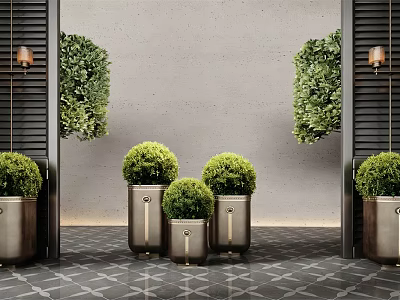 Lush Round Green Plant Combination In Metallic Planters With Gray Wall And Grid Doors 3d model