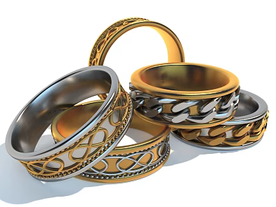 Stylish Gold And Silver Rings With Chain And Braided Designs For Elegant Fashion Jewelry Pieces 3d model