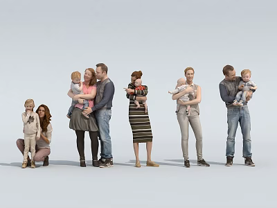 Group of People with Adults and Children Standing Some Holding Babies and a Crouching Child 3d model