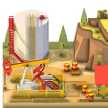 Cartoon Style Oil Mining Scene Featuring Pumpjack Oil Tank Small Building Layered Ground Underground Trees