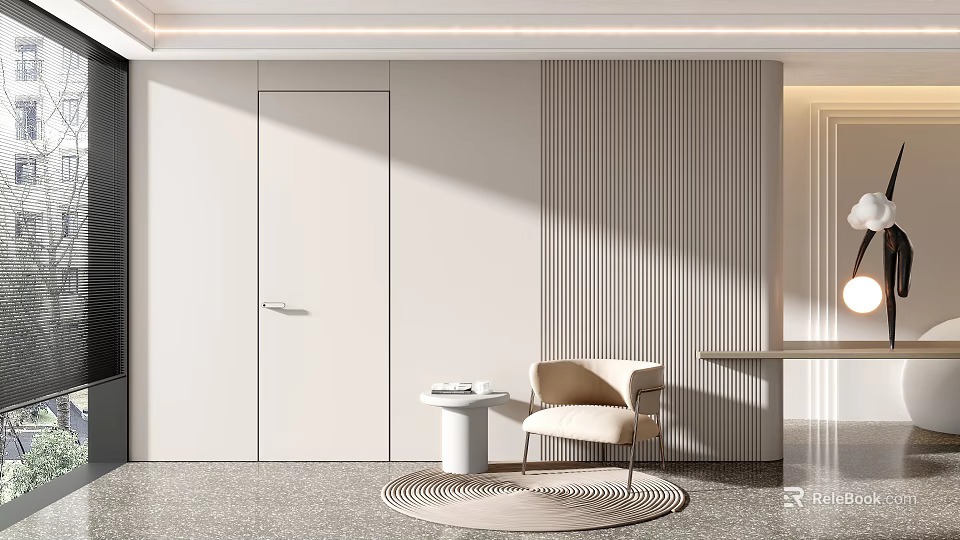 Modern Minimalist Sofa Background Wall With Vertical Slats And Accent Chair 3d model 