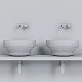 Modern Glass Washbasins Blue And Brown Design On White Shelf With Silver Faucets Above