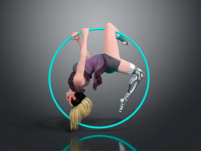 Female Character With Mechanical Leg Performing In Blue Hula Hoop On Gray Background 3d model