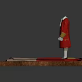 Red Tailored Coat on Mannequin with Colored Fabrics and Measuring Ruler