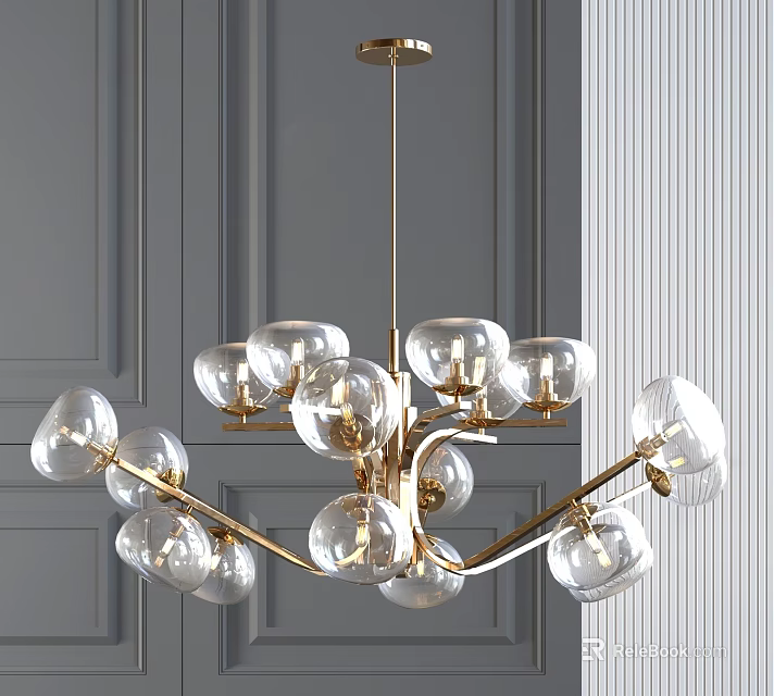 Modern Gold Metal Chandelier With Clear Glass Globe Shades Against Gray Paneled Wall 3d model 