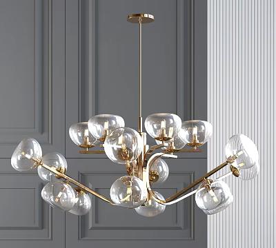 Modern Gold Metal Chandelier With Clear Glass Globe Shades Against Gray Paneled Wall 3d model