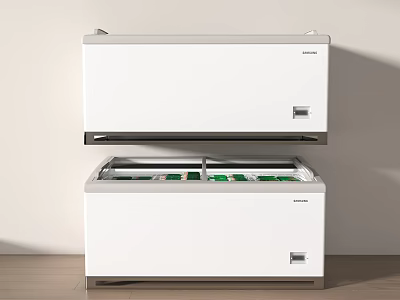 White Stacked Deep Freezers With Open Lids And Green Storage Containers 3d model