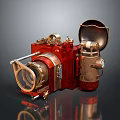 Vintage Digital Camera With Red Metal Body Copper Accents And Classic Lens Design