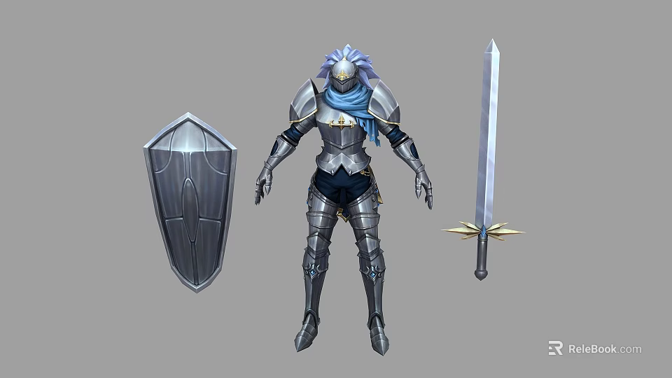 Game and Movie Armored Character With Blue Cloak Shield and Sword 3d model 