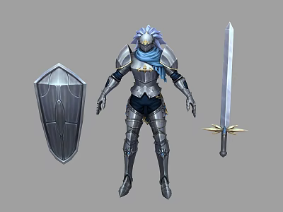 Game and Movie Armored Character With Blue Cloak Shield and Sword 3d model