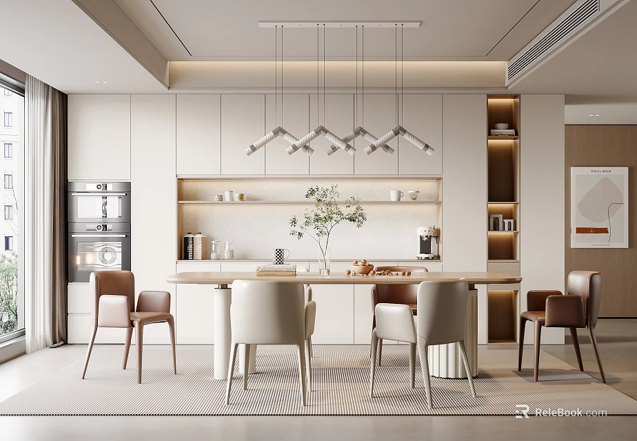 Modern Restaurant Interior With Open Concept Dining Table Chairs Pendant Lights And Cabinets 3d model 