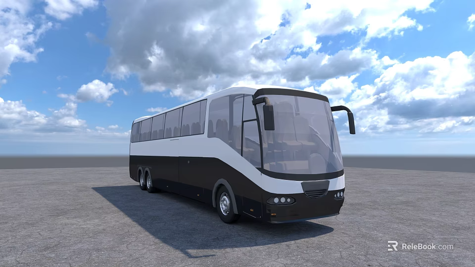 Black and White Functional Coach Bus With Spacious Windows In Open Area Under Blue Sky 3d model 
