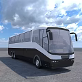 Black and White Functional Coach Bus With Spacious Windows In Open Area Under Blue Sky