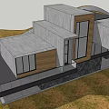 Modern Detached Villa Exterior Design With Gray Wooden Stone Facade And Large Windows