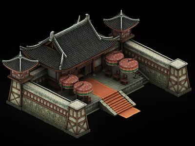 Cartoon Scenery Of Chinese Traditional Architecture With Eaves Roofs Red Umbrellas Steps And Stone Walls 3d model