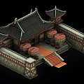 Cartoon Scenery Of Chinese Traditional Architecture With Eaves Roofs Red Umbrellas Steps And Stone Walls