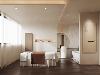 Luxurious SPA Sauna Interior With Massage Tables Bathtub Wooden Flooring Soft Lighting And Decorative Painting 3d model