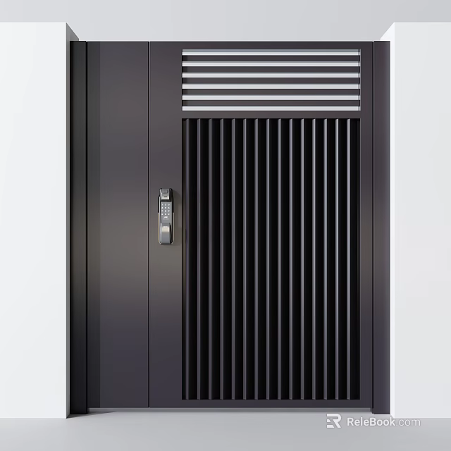 Black Modern Security Door With Vertical Slats Top Grille And Secure Lock Design 3d model