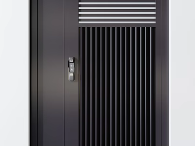 Black Modern Security Door With Vertical Slats Top Grille And Secure Lock Design 3d model