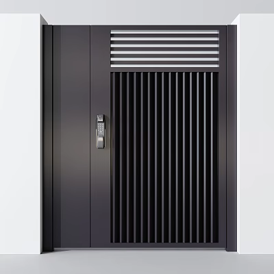 Black Modern Security Door With Vertical Slats Top Grille And Secure Lock Design 3d model