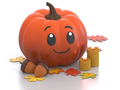Adorable Orange Pumpkin Doll With Smiling Face And Autumn Leaves Acorns Candles 3d model