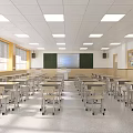 Bright School Classroom With Neatly Arranged Desks Chairs Blackboard And Display Wall
