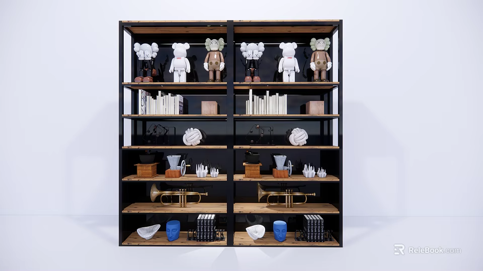 Modern Decorative Cabinet With Multi Tiered Shelves Stuffed Bears Books Ceramic Decor And Vases 3d model 
